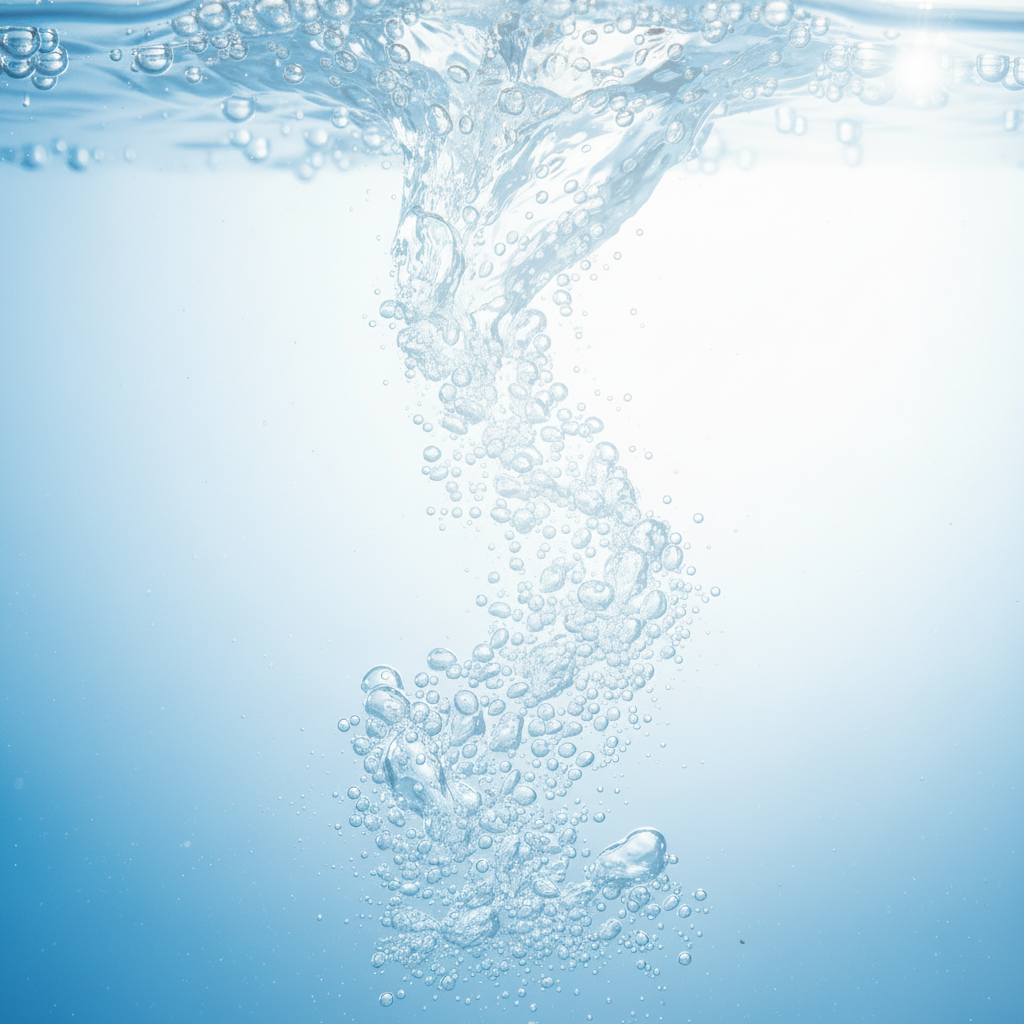 A close-up of clear water with a vertical stream of rising bubbles and a splash at the surface, set against a bright blue background.